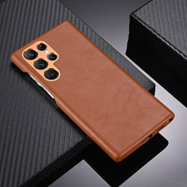 Luxury Genuine Leather Case With Camera Protection Metal Ring for Galaxy S23 Ultra